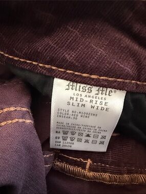 Miss Me Mid-Rise Slim Wide Jeans - plum corduroy